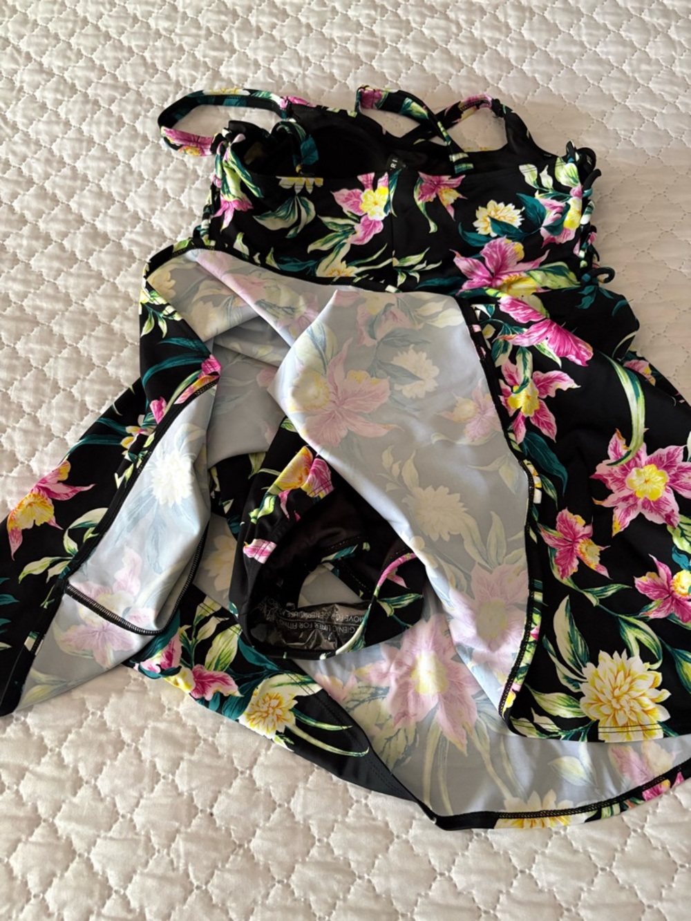 Black Floral A-Line swimsuit with Pink & Yellow Flowers - Picture 3 of 4